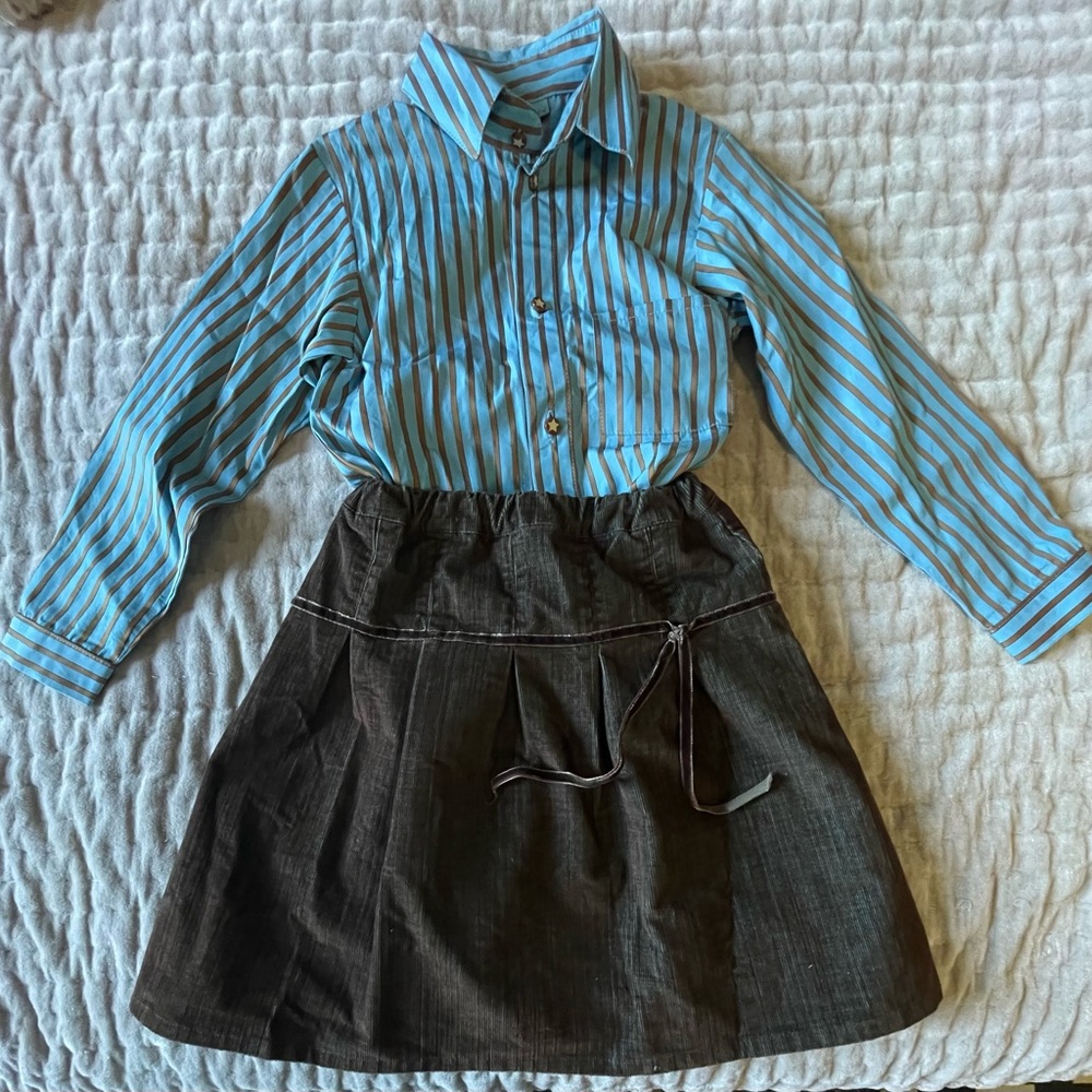 JUDITH LACROIX Copper & Blue Pinstripe Blouse &  Corduroy Two-Tone Skirt Set